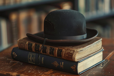 Old bowler hat resting on stack of antique books on wooden table in library - yliv