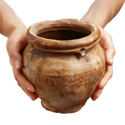 Hands gently holding a large, rustic clay pot, showcasing its aged beauty and craftsmanship - yliv