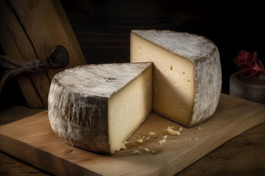 Tomme desavoie cheese on wooden board. Cow alps raw product food. Generate Ai - yliv