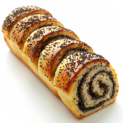 Sliced poppy seed roll is laying on a white background, showcasing its swirled interior and sprinkled poppy seeds - yliv