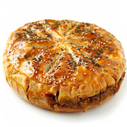 пикантный мясной пирог с золотистой корочкой, украшенный семенами кунжута и зеленью, олицетворяющий вкусную еду - yliv