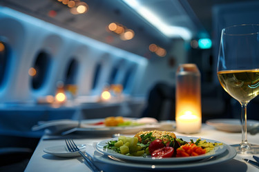 Gourmet meal being served on an airplane with wine and candlelight during a night flight - yliv