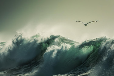 Seagull flying over big waves crashing in the ocean - yliv