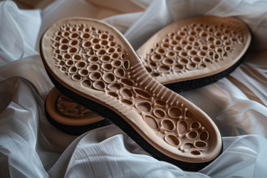 Two orthopedic insoles are lying on a white fabric, offering arch support and promoting foot health - yliv