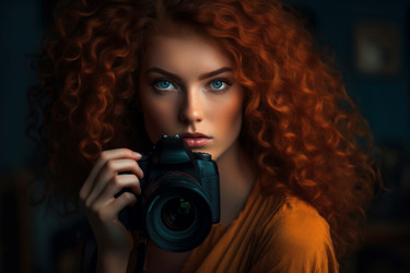 Passionate fiery curly lady with camera. Ginger female model with photo camera device. Generate ai - yliv