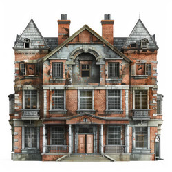 Crumbling victorian mansion with boarded up windows and decaying facade evokes a sense of mystery and abandonment - yliv