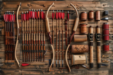 Traditional archery equipment arranged on rustic wooden table - yliv
