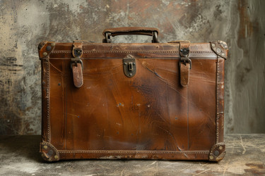 Old leather suitcase with metal details is standing on floor - yliv
