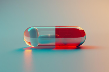 Red and blue capsule is lying on a gradient background - yliv