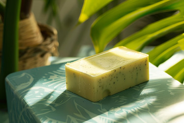 Single bar of natural soap is bathed in sunlight, showcasing its texture and natural ingredients - yliv