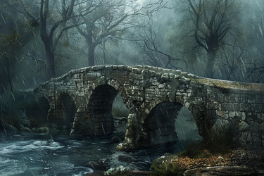 River flowing rapidly under an old stone bridge in a dark and gloomy forest during a rain storm - yliv