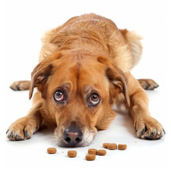 Adorable brown dog lying on white background with sad expression near few kibbles - yliv