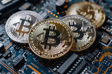 Монеты криптовалюты Bitcoin, лежащие на материнской плате компьютера, демонстрируют растущую стоимость биткоина - yliv