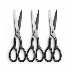 Three stainless steel scissors with black handles are lying open on a white background, ready for cutting - yliv