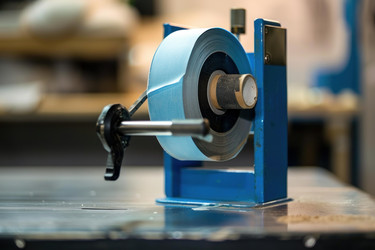 Industrial tape dispenser holding a roll of blue painters tape in a workshop - yliv