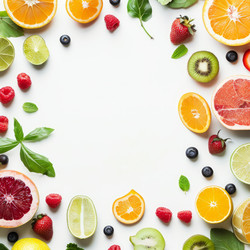 вкусные спелые фрукты и ягоды создание рамки на белом фоне с копией пространства в центре - yliv