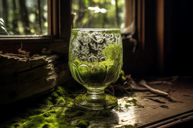 Glass old house on moss desk in morning light. Summer wood wall paper grass. Generate Ai - yliv