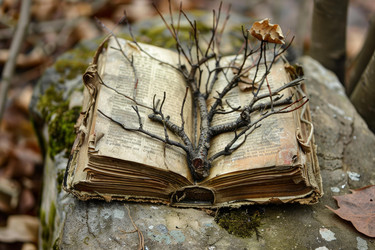 старая книга, лежащая на камне, из которой растет ветка дерева, символизирующая знание и мудрость - yliv