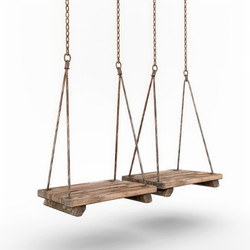 Two empty wooden swings hanging from rusty chains on white background - yliv