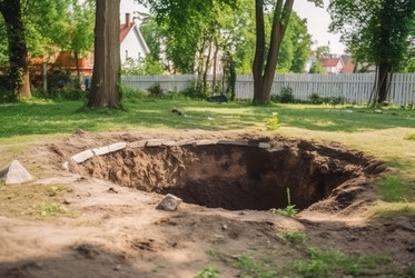 Digged grave in backyard. Burial big hole in green home garden. Generate ai - yliv