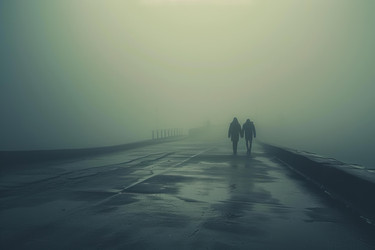 пара, уходящая прочь по туманной дороге, держась за руки - yliv