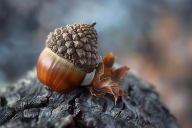 желудь, лежащий на боку на стволе дерева с сухим листом, в лесу - yliv