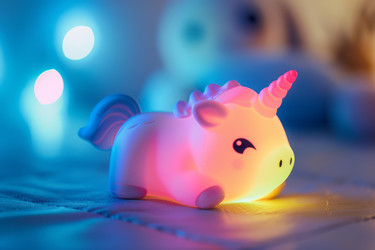 волшебная светящаяся игрушечная фигурка единорога, лежащая на мягком одеяле с красочными фоновыми огнями боке - yliv