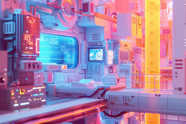 Futuristic sci fi operating room displaying medical scan on screen - yliv