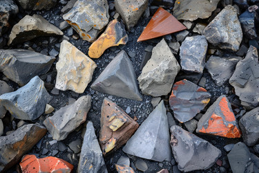 Triangular volcanic rock lying on black volcanic sand - yliv
