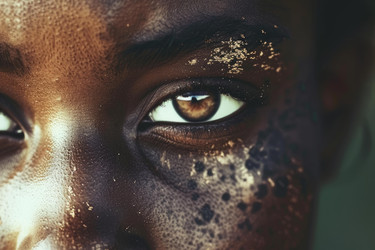 Close up of a young woman with dark make up, her face covered in dirt and glitter - yliv