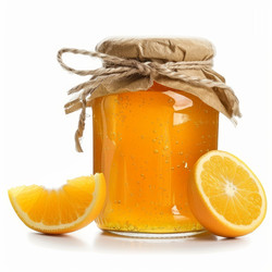 Glass jar of orange honey with bubbles and orange slices on white background - yliv