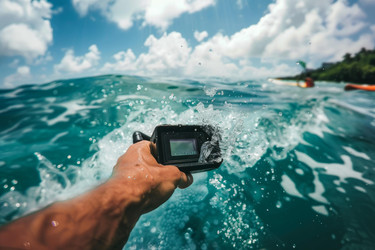 Surfer holding action camera while getting splashed by ocean wave - yliv