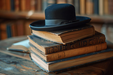Старая черная шляпа покоится на стопке старинных книг в библиотеке - yliv