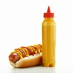 Hot dog with ketchup and mustard lying next to a bottle of mustard on a white background - yliv
