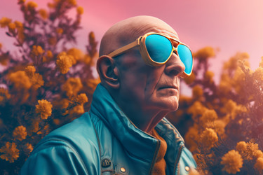 Retro futuristic modern bald old male with fashion sunglasses. Modernistic senior man hipster style with nature background. Generate ai - yliv