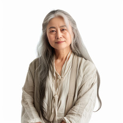 Confident mature asian woman with long gray hair wearing beige clothes, looking serene on white background - yliv