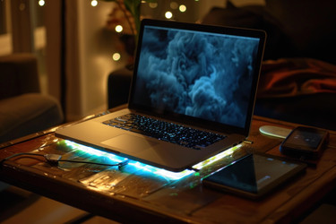 Modern workplace setup with laptop displaying abstract image on wooden desk at night - yliv