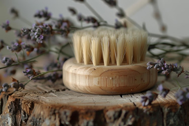 Natural massage brush is lying on a wooden background surrounded by lavender - yliv