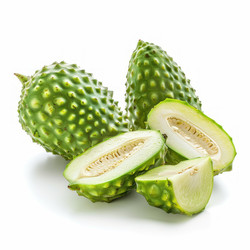 Spiky exotic fruit halved and whole on white background - yliv