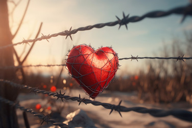 Red heart stuck in barbed wire. Emotional love trapped captivity heart shape. Generate ai - yliv