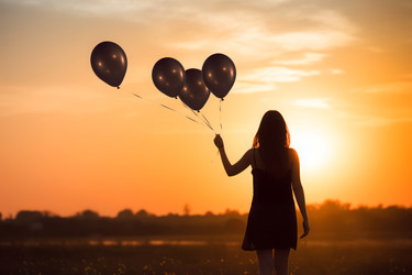 Girl holding balloons. Elegance and enigma silhouette child with dress. Generate AI - yliv
