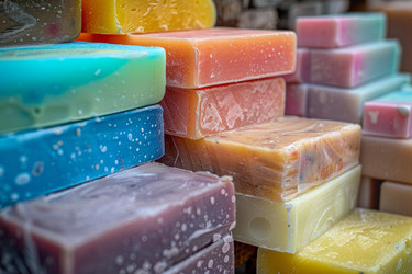 Красочная и ароматная выставка кусков мыла ручной работы, демонстрирующая разнообразие и красоту изделий для ванной ручной работы - yliv