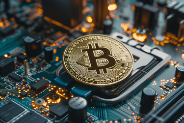 Криптовалюта Gold bitcoin лежит на материнской плате компьютера - yliv