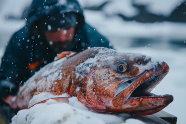 Fisherman holding a large, snow covered fish in winter conditions - yliv