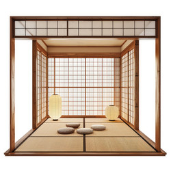 Serene japanese style meditation room featuring a tatami mat, paper lanterns, and traditional sliding doors, creating a tranquil atmosphere - yliv