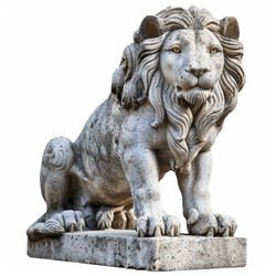 Weathered stone sculpture of a powerful male lion, resting on a plinth, isolated on a white background - yliv