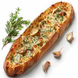 Вкусный багет, фаршированный сыром, чесноком и зеленью, на белом фоне - yliv