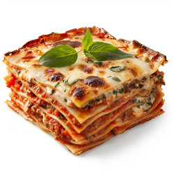 Вкуснейшая лазанья болоньезе с плавленым сыром и посыпкой из базилика на белом фоне - yliv