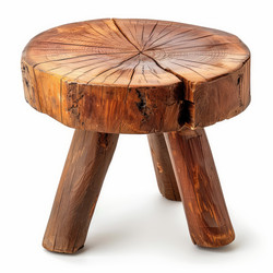 Small rustic wooden stool showing growth rings on white background - yliv