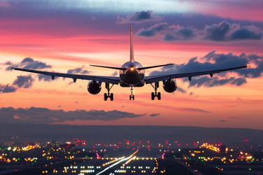 Passenger airplane landing at the airport during sunset - yliv